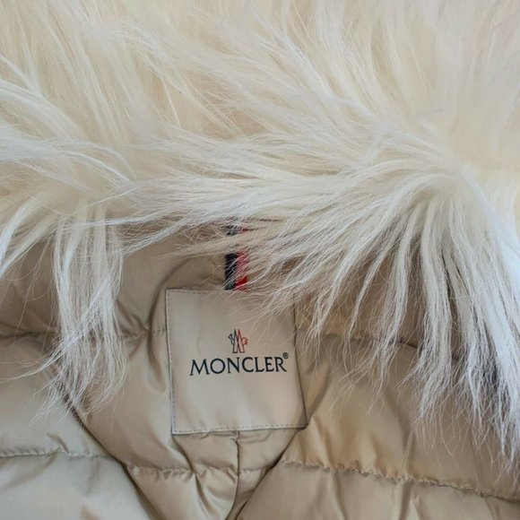 Moncler Choisia Goat Fur Collar Down Asymmetric Jacket NWT 1 SMALL Stone $1810 - Picture 8 of 10